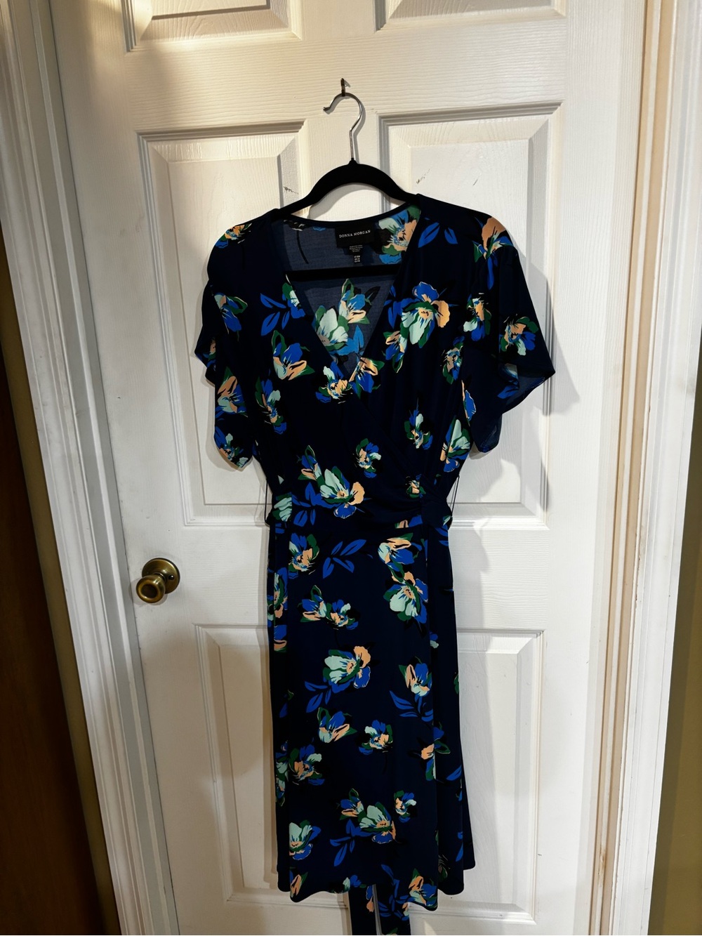 Floral wrap Navy Dress with Green & Blue Accents